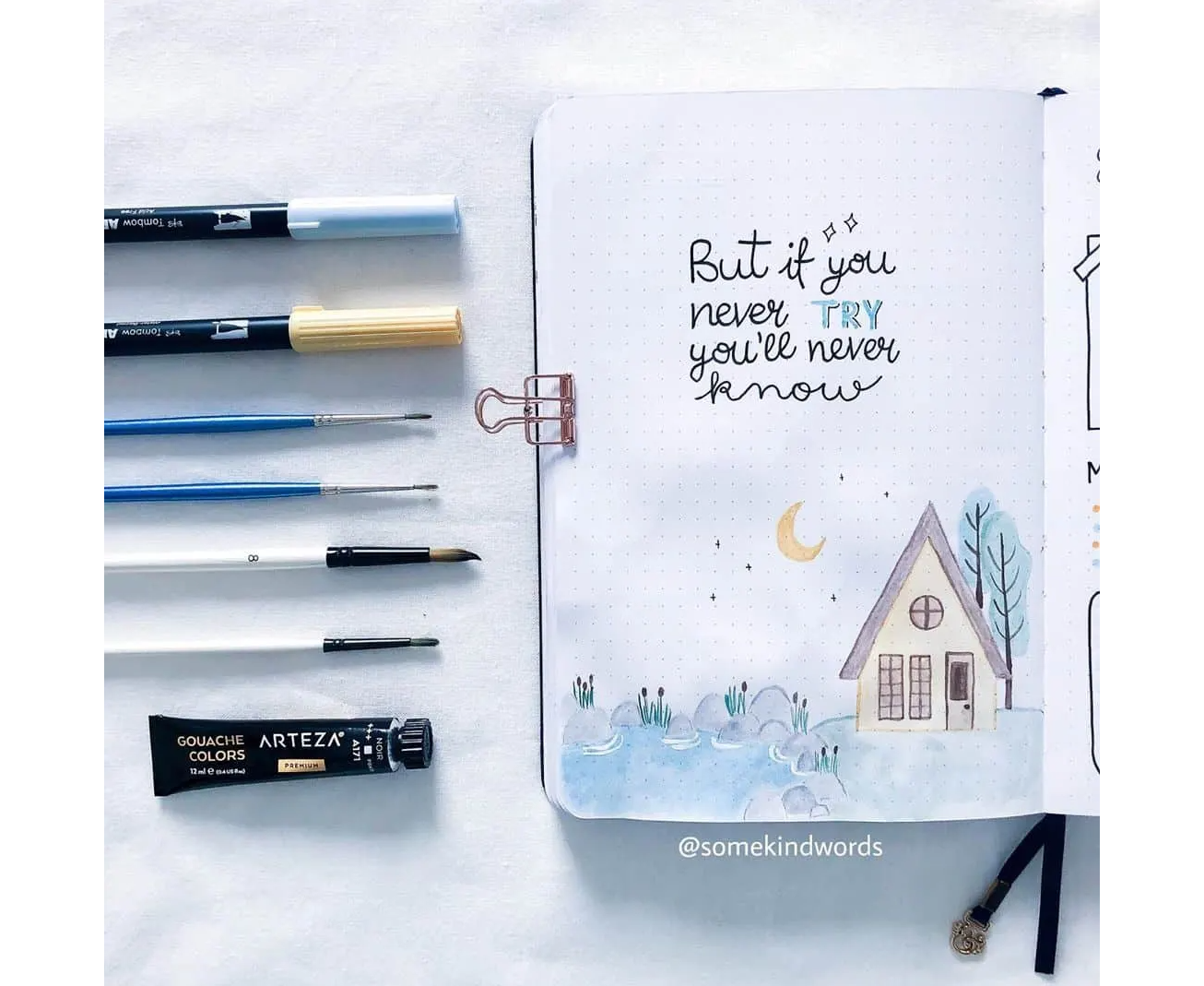 Bullet Journal quote page with watercolour paints