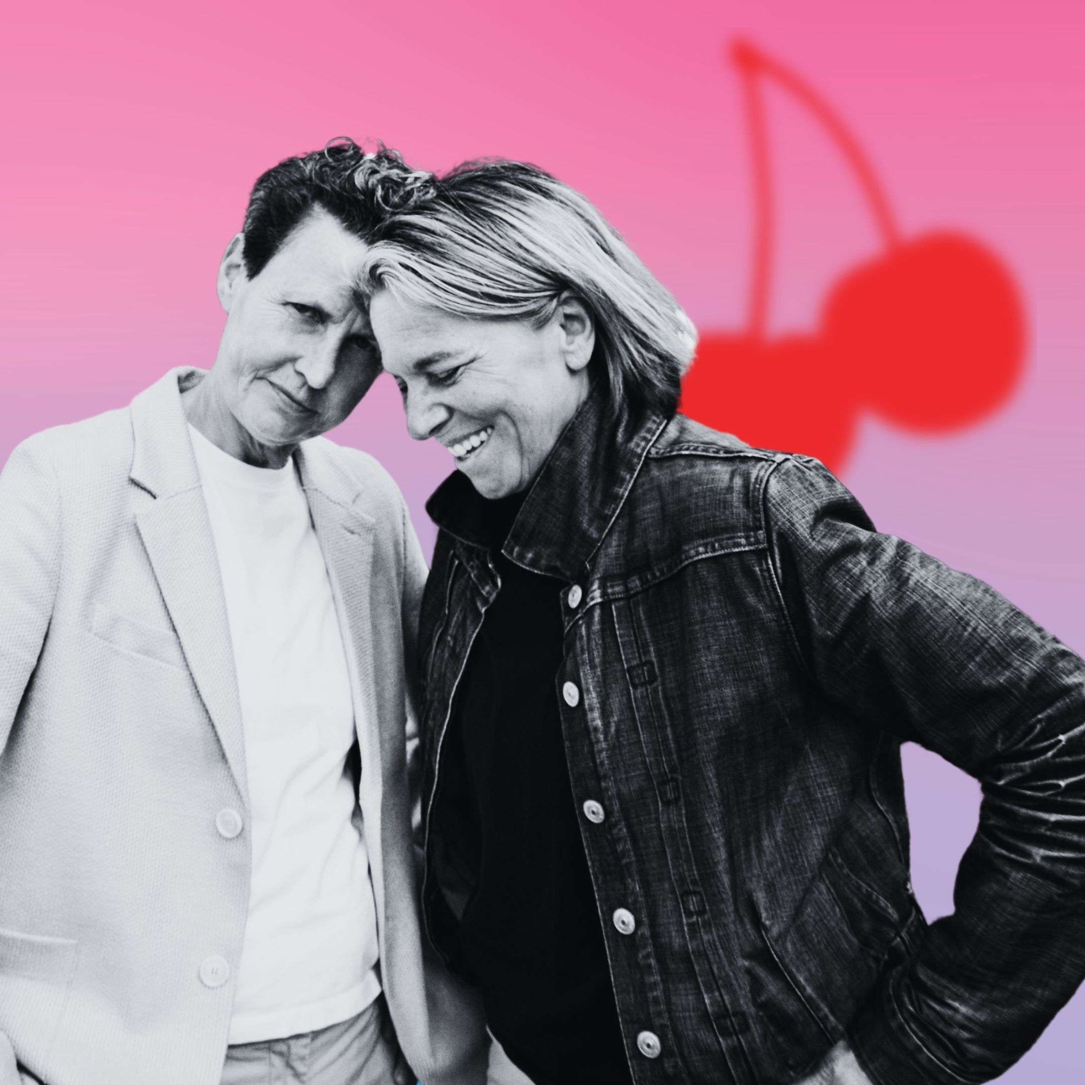 Two women smiling together against a colorful background with cherry graphics.