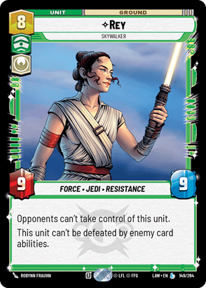 Card featuring Rey from Star Wars, with game stats and abilities listed.