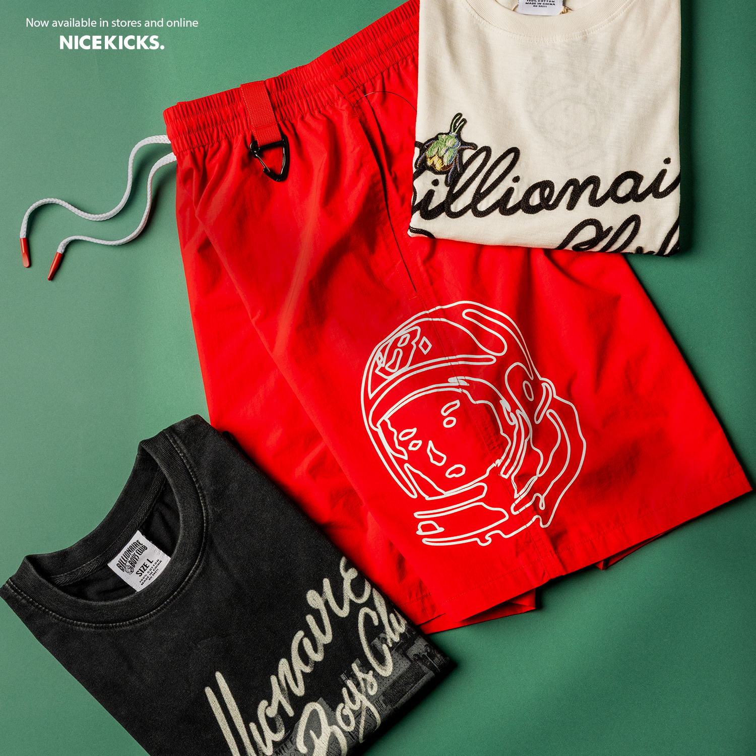 Three colorful clothing items displayed on a green background.