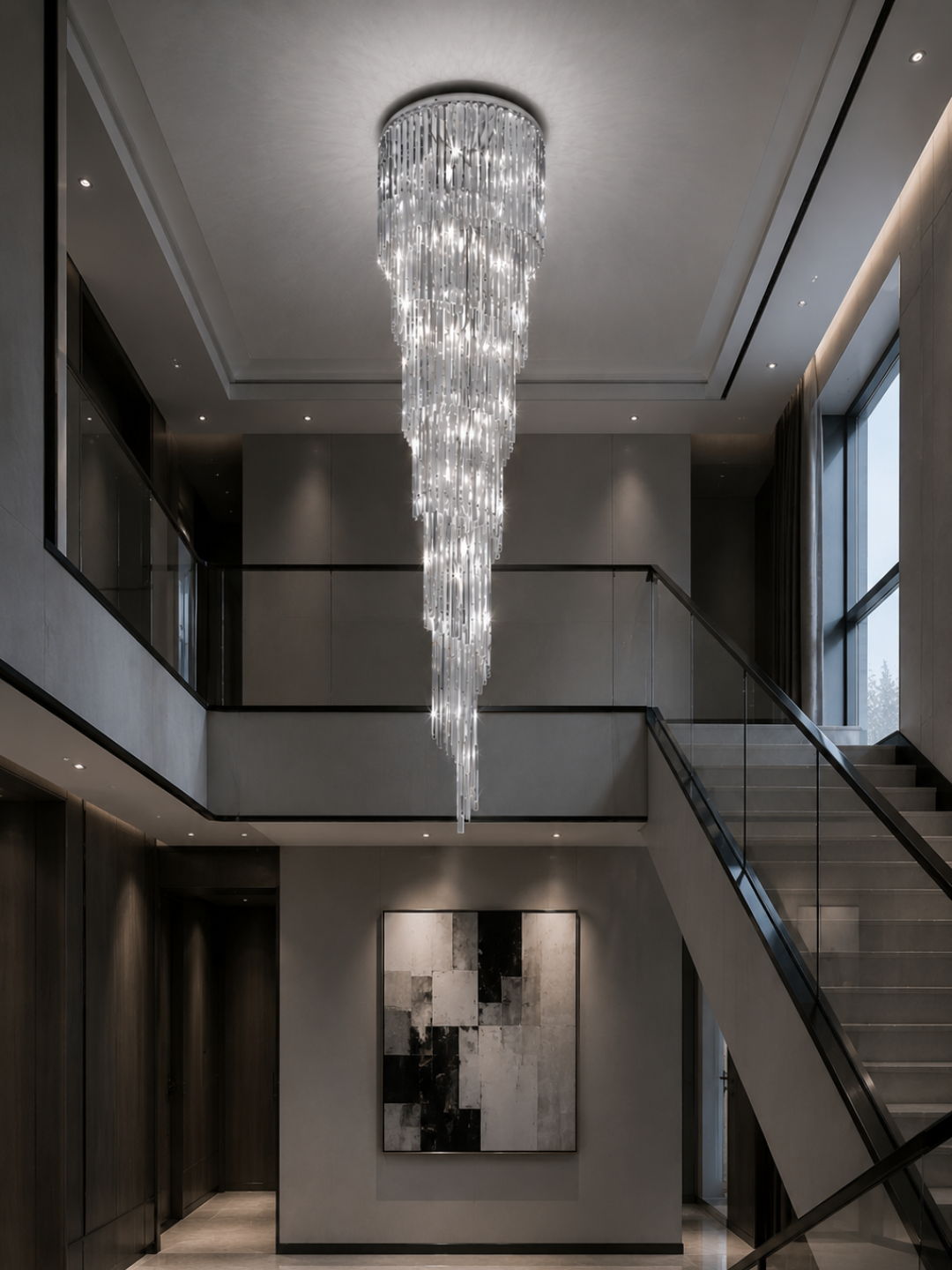 Cascading crystal chandelier in a double-height void lit in a cooler neutral white, seen from the landing