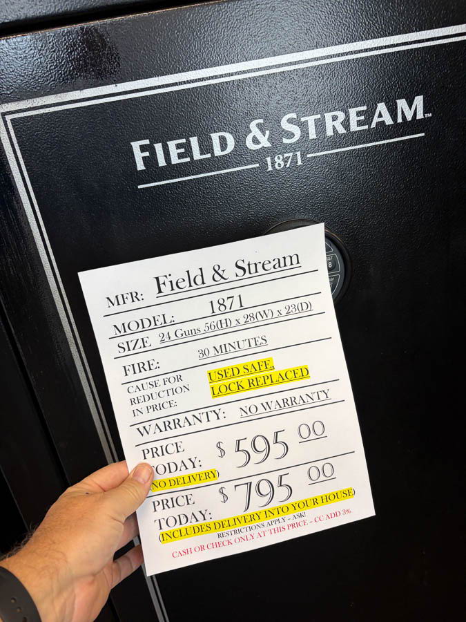 FIELD & STREAM gun safe exterior with sale price tag on door - SES spring cleaning sale
