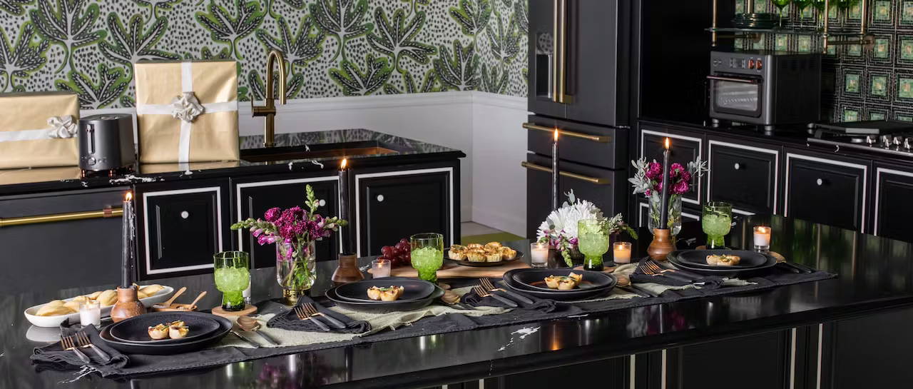 Cafe Matte Black Appliances Suite in Black and Green Styled Kitchen