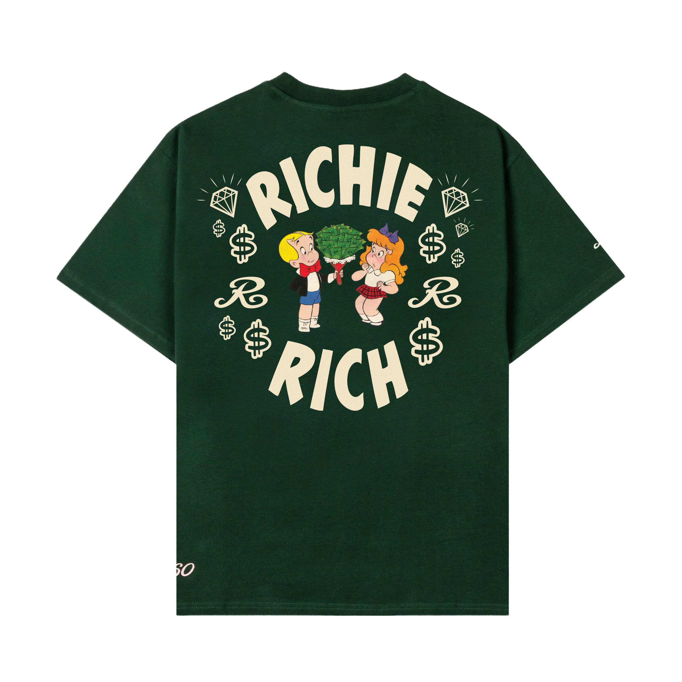 Green t-shirt with colorful graphics on the front and sleeves.