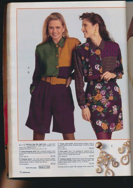 JCPenney Fall/Winter 1991 – this color-blocked button-up features oversized buttons. The look is complete with high-waisted Bermuda trouser and a wide belt (all matching, of course). Don’t forget the gold statement jewelry!