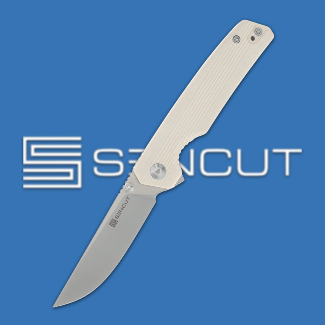 A folding knife with a white handle on a blue background.