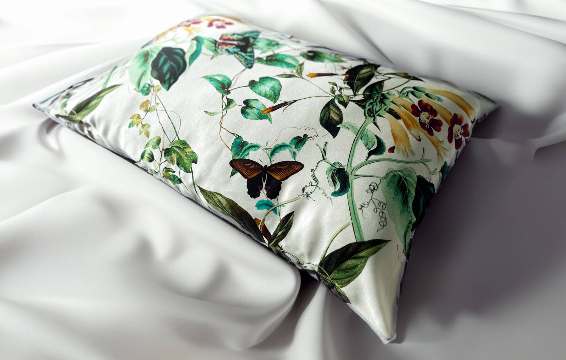 luxury ivory silk sheet with botanical printed silk pillowcase