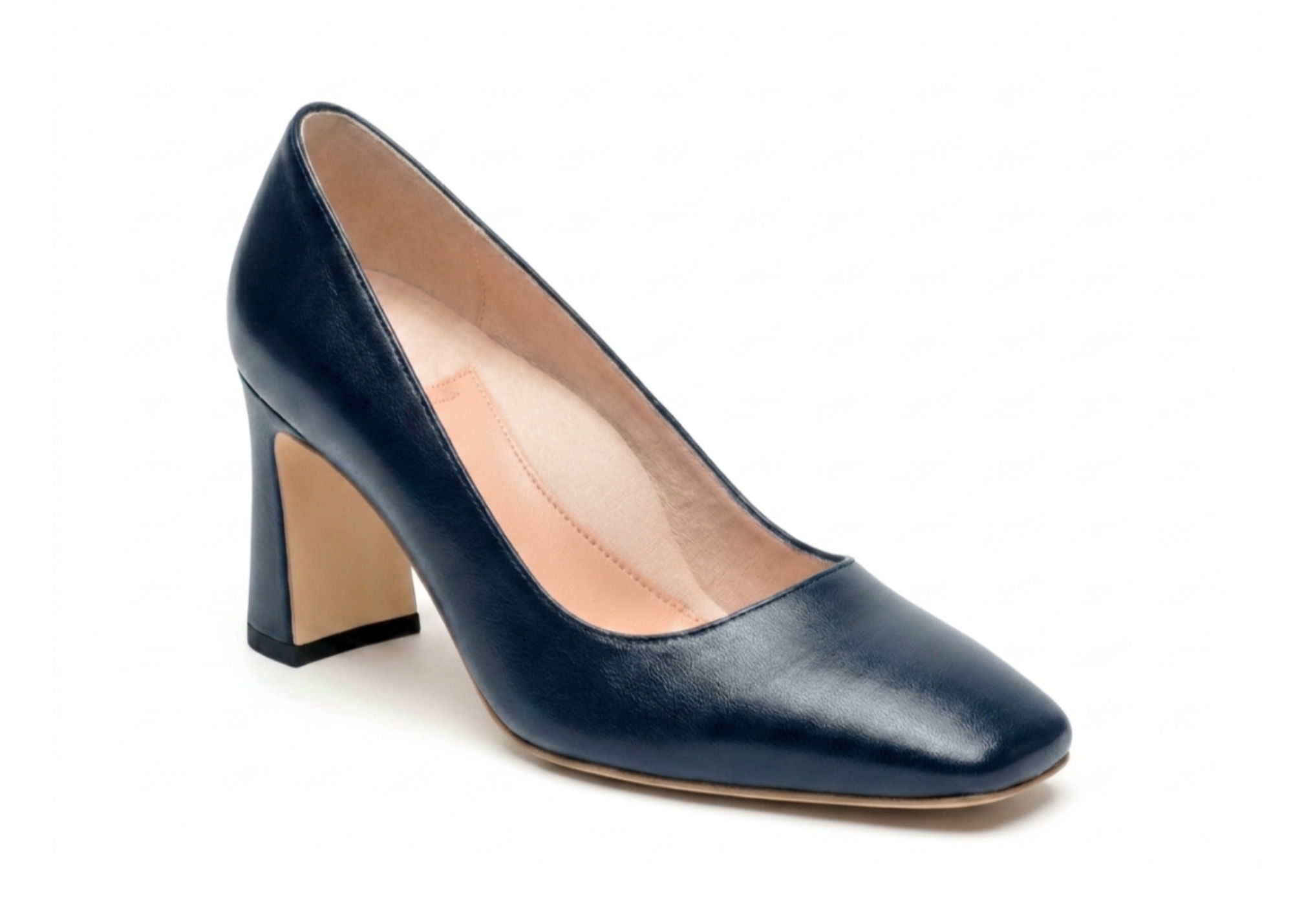 Navy blue high-heeled shoe with a chunky heel.