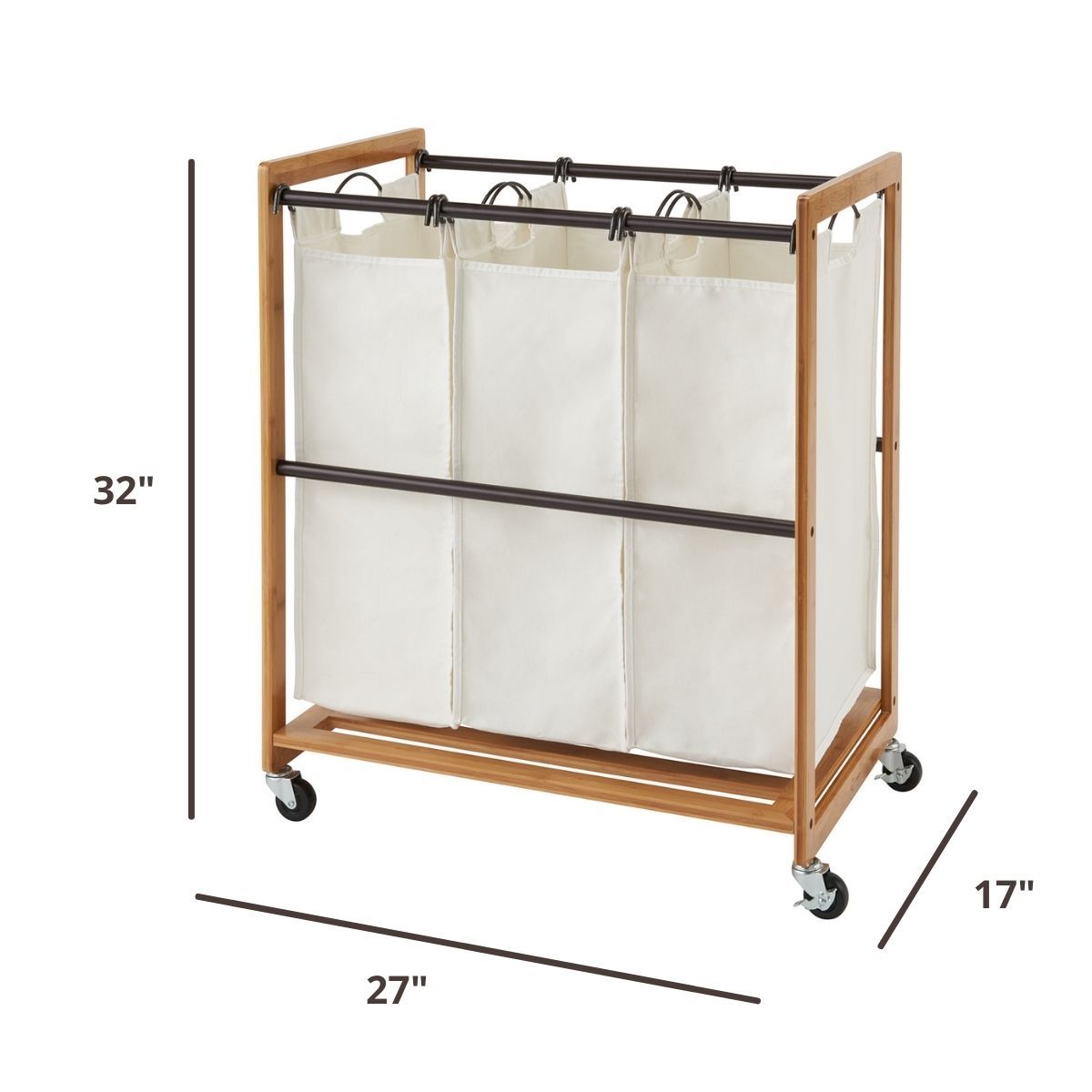 32 inches tall by 27 inches wide by 17 inches deep laundry cart