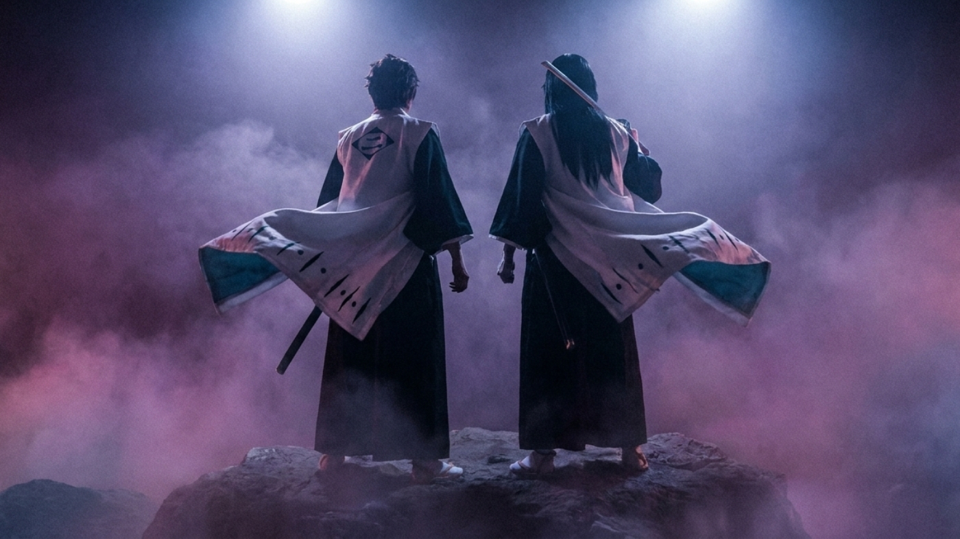 Bleach Soul Reaper captain cosplay group in dramatic blue-fog atmosphere for Toshiro cosplay inspiration