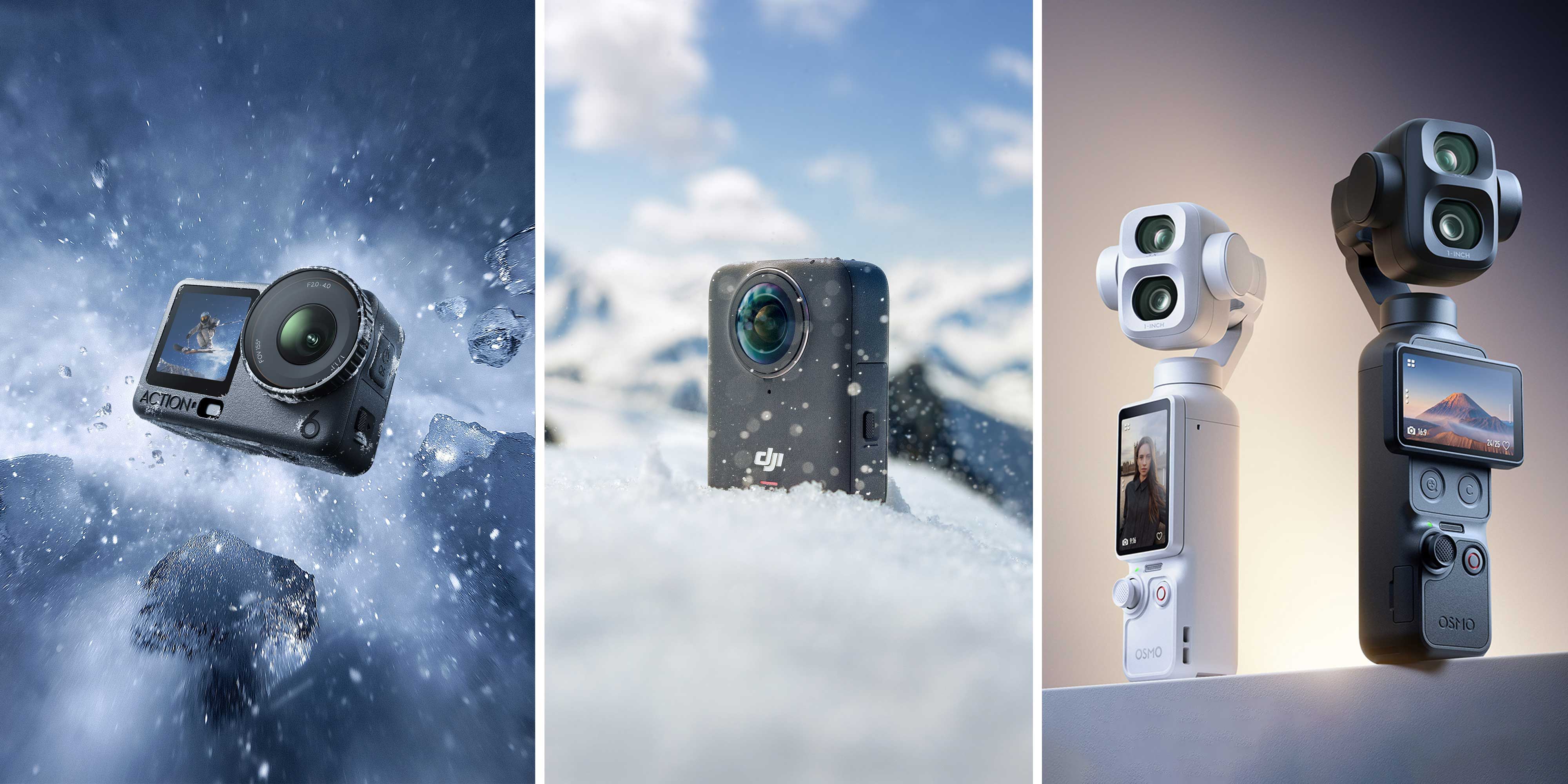 Three panels: DJI Osmo Action 6, DJI Osmo 360, DJI Osmo Pocket 4P
