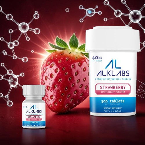 Strawberry with ALKLABS products and molecular graphics in background.