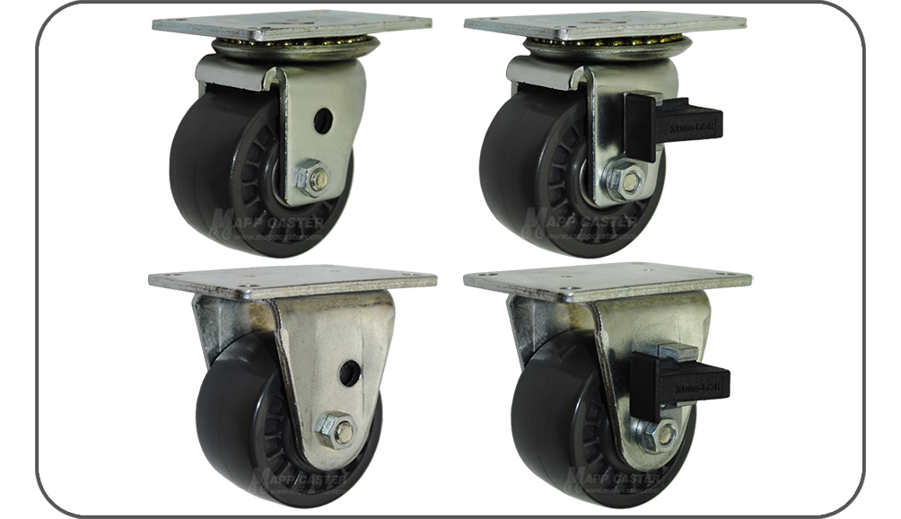 Dark Grey Solid Polyurethane Plate Casters - High Capacity, low profile, Ball Bearings , floor protective,