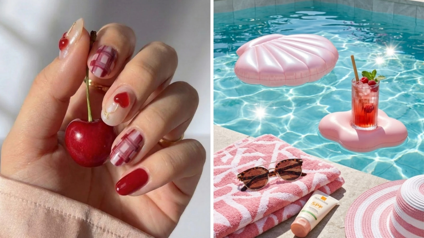 EyeCandys glossy cherry red press-on nails lifestyle shot at poolside for summer nail inspiration
