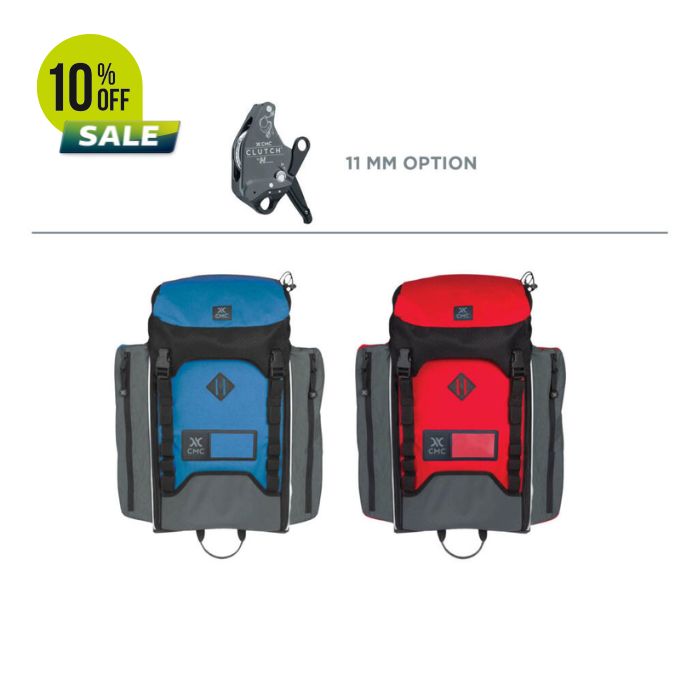 Two backpacks in blue and red with a sale tag.