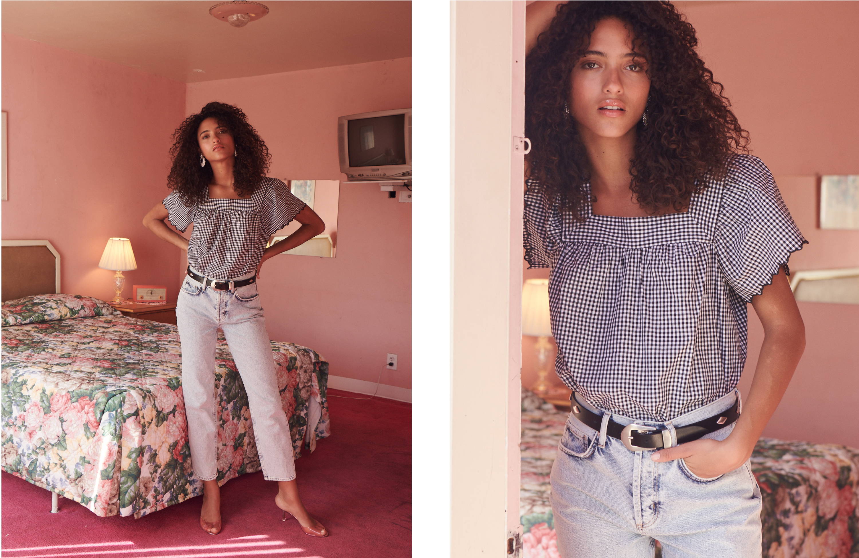 Model in hotel room wearing Harley black mini gingham