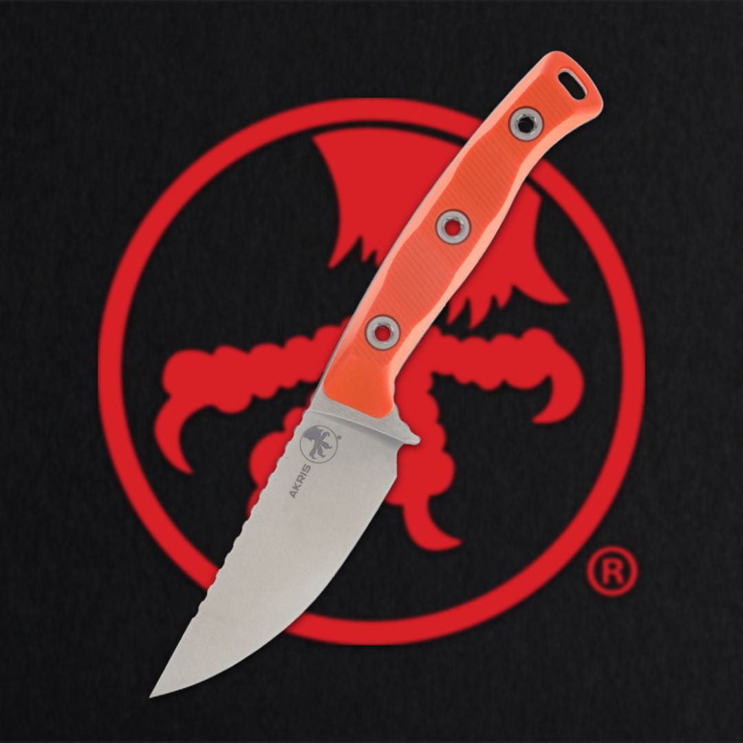 Knife with an orange handle on a red logo background.