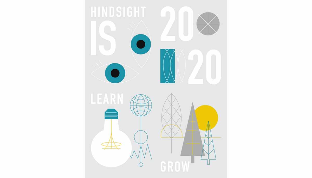 A grey poster with geometric shapes of an eye, lightbulb, and trees. Text reads 
