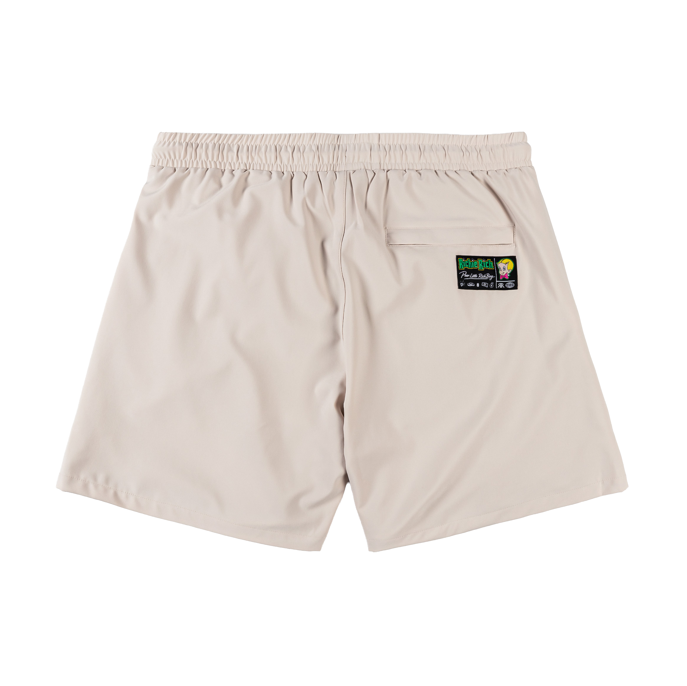 Beige swim shorts with graphic designs and text.