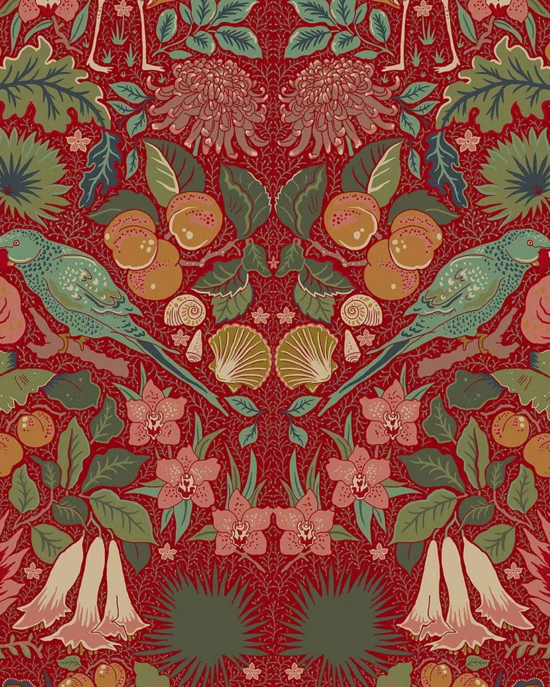 wear-the-walls-british-designer-wallpaper-morris-inspired-oasis-wallpaper-crimson-red-parrots-flowers