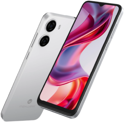 Smartphone displayed from multiple angles, featuring dual cameras and a colorful screen.