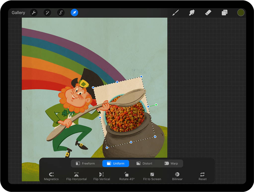Image of cereal being placed into leprechaun drawing in Procreate on iPad