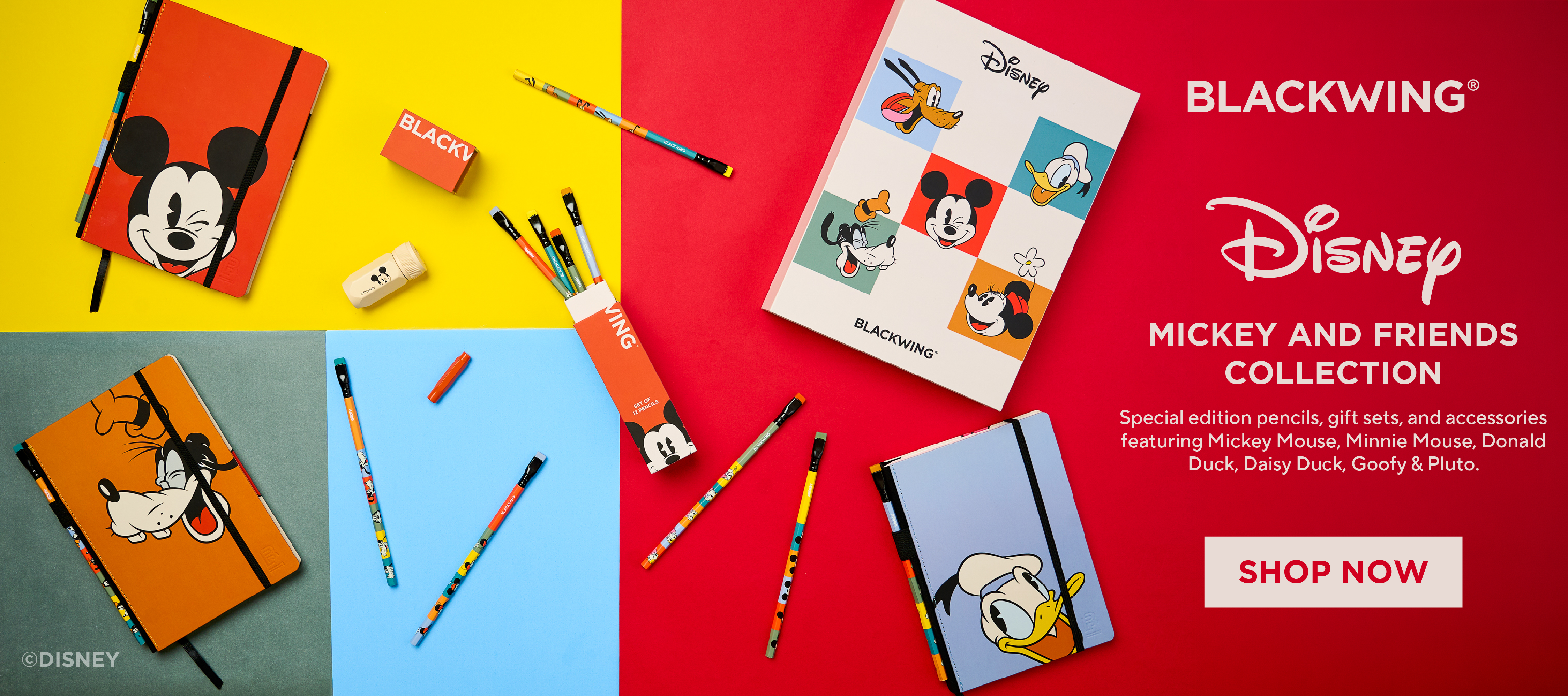 Disney Mickey and Friends stationery collection with notebooks and pencils.