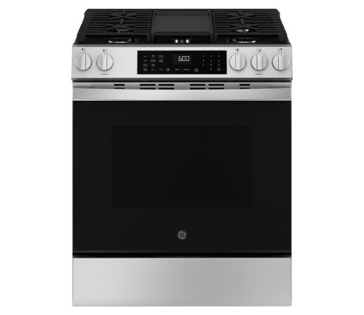 Stainless steel range with gas burners and digital controls.