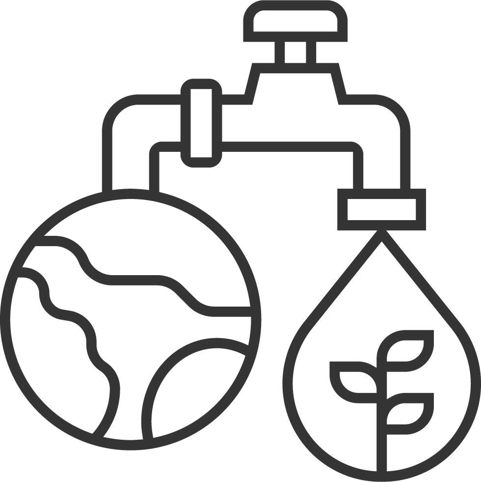Water faucet with Earth, water droplet, and plant symbolizing conservation.