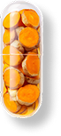 A transparent capsule filled with orange and beige circular tablets.
