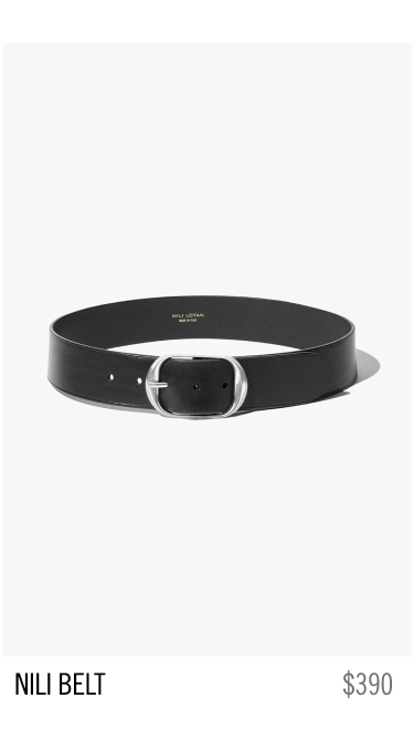 Black leather belt with silver buckle, labeled 