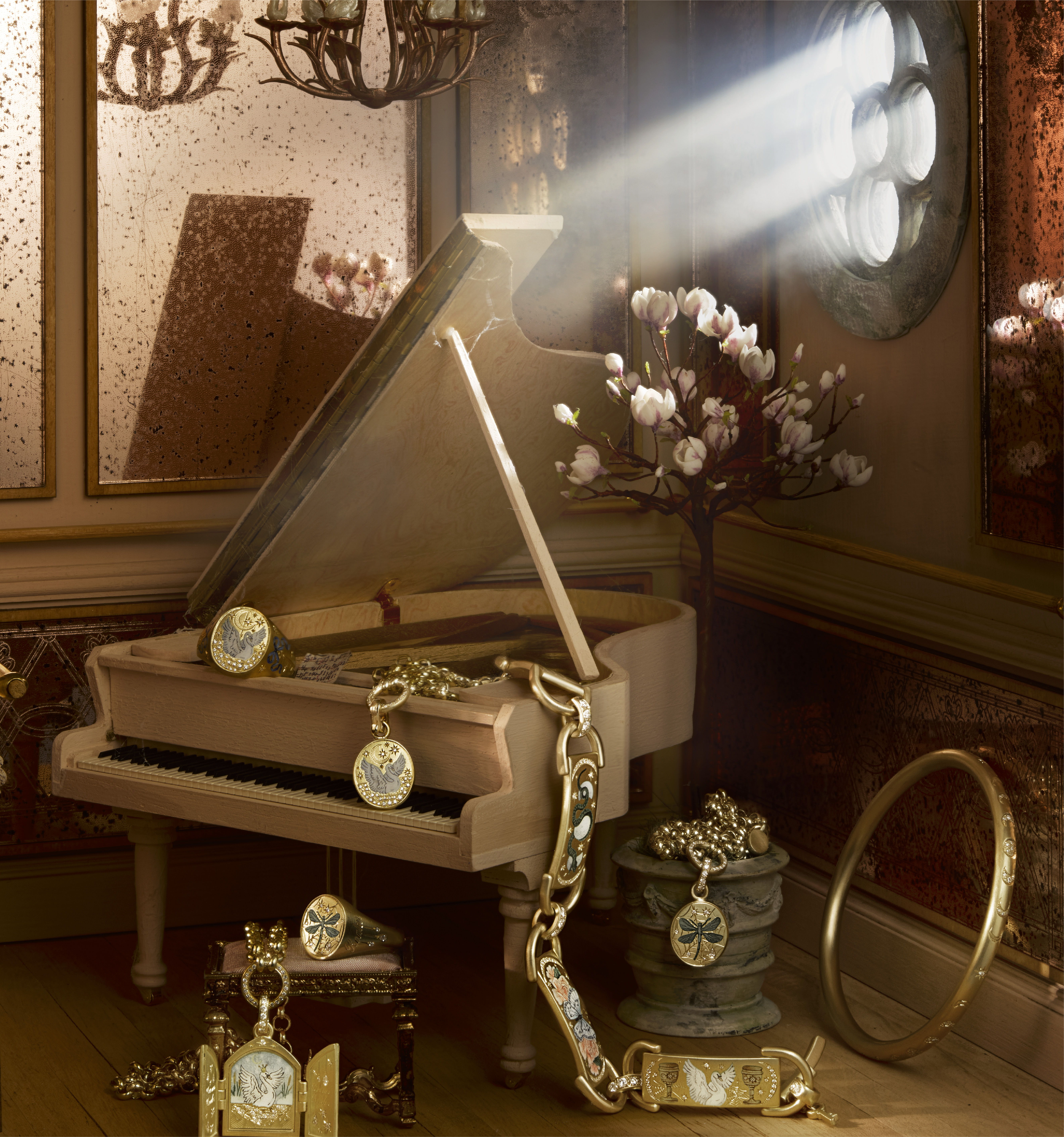 A grand piano surrounded by vintage jewelry and soft sunlight.