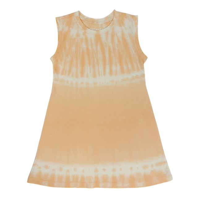 Orange tie-dye sleeveless dress with a round neckline.