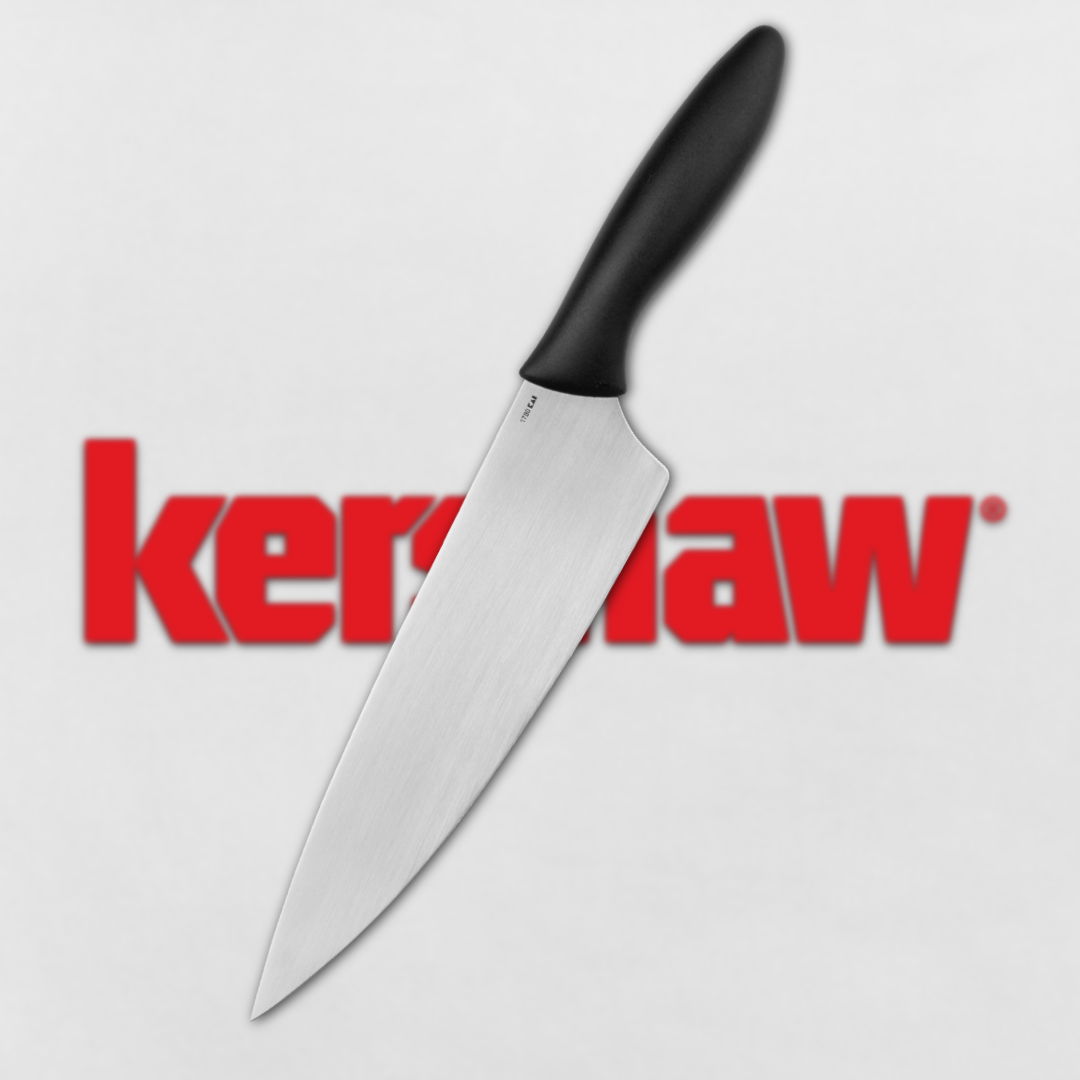A kitchen knife with a black handle and Kershaw logo background.