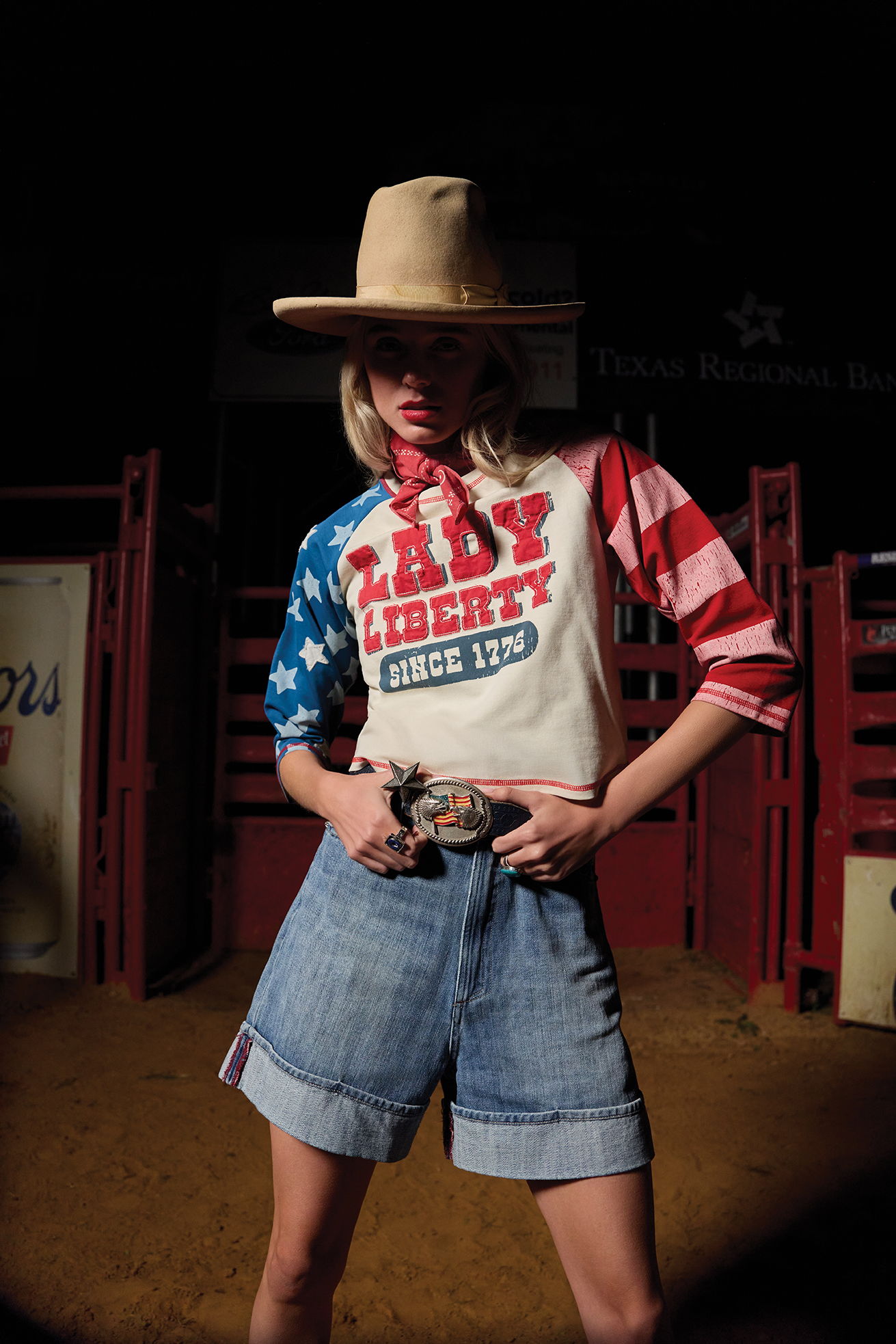 Haley wearing the Lady Liberty Top with the Old Glory & Grit Short and vintage Double D Ranch Accessories