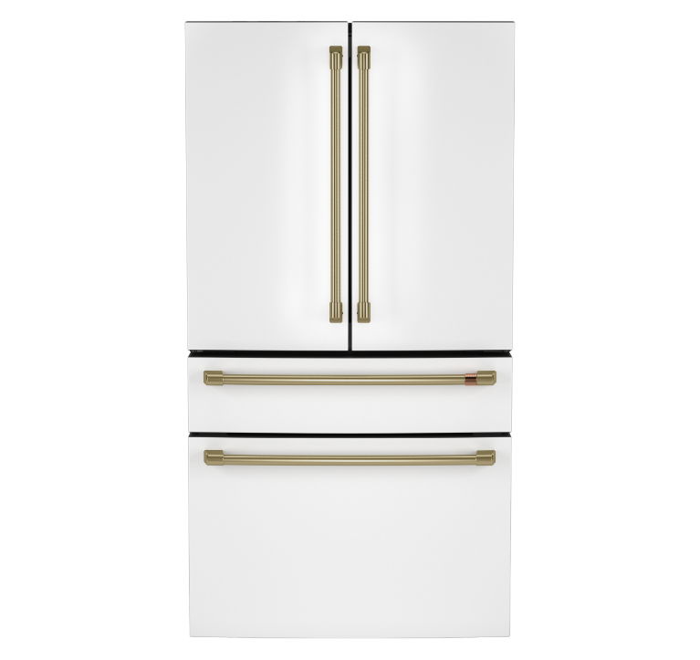 White refrigerator with double doors and gold handles.