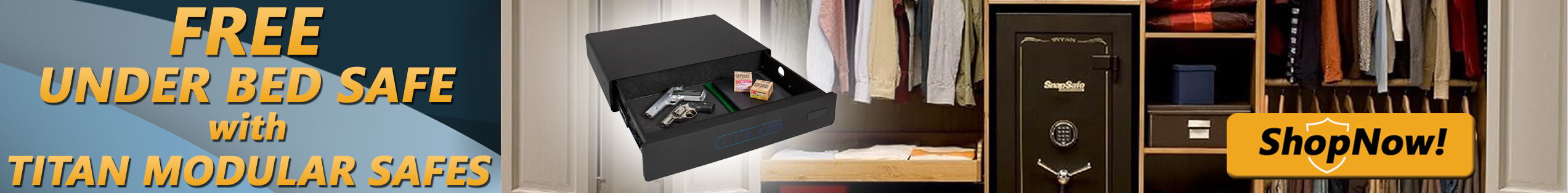 Promotional banner for a free SnapSafe 75402 under bed safe with every Titan modular gun safe order placed in May, 2026.