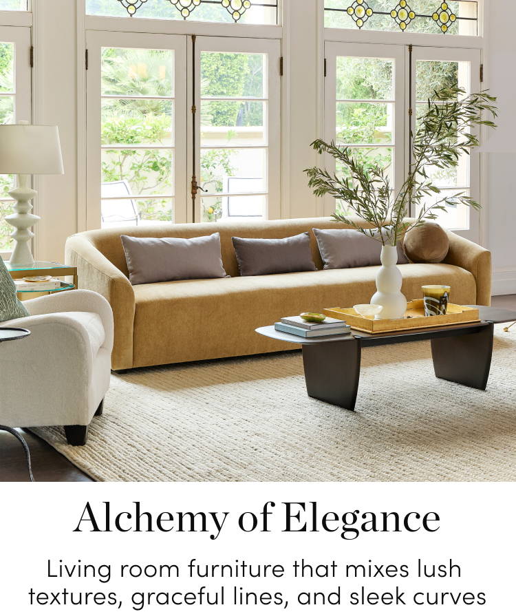 Alchemy of Elegance Living room furniture that mixes lush textures, graceful lines, and sleek curves