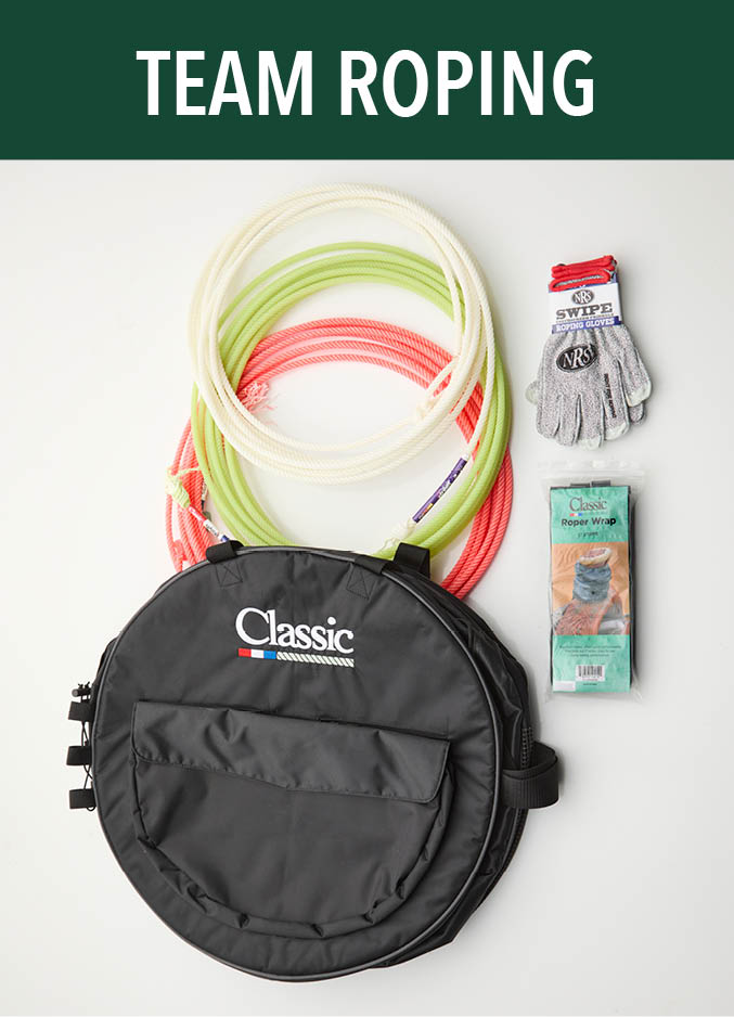Team roping equipment including ropes, gloves, and a carrying bag.