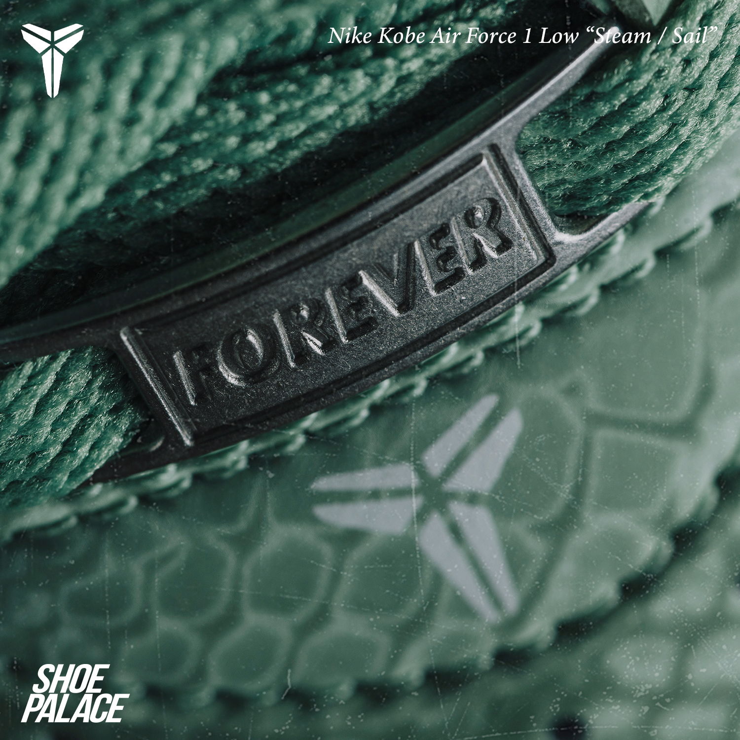 Close-up of green sneaker detailing with 