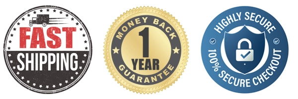 Fast shipping, one year money-back guarantee, secure checkout badges.