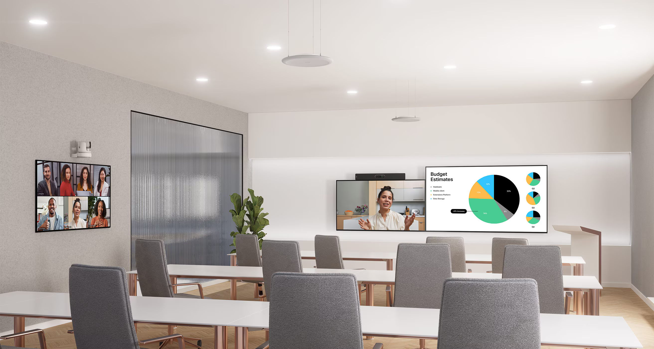 Modern conference room with tables, chairs, and a display screen.