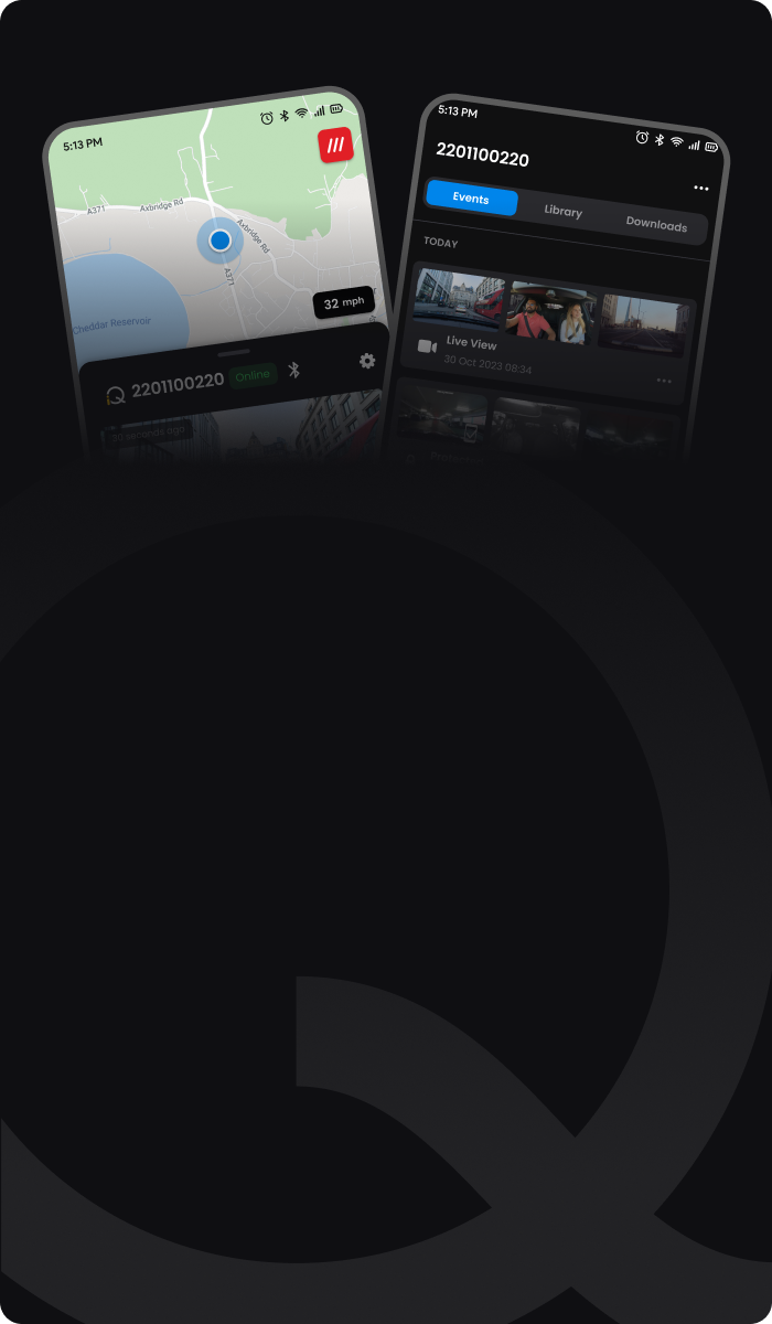 Two mobile phone screens displaying a map and media content interface.