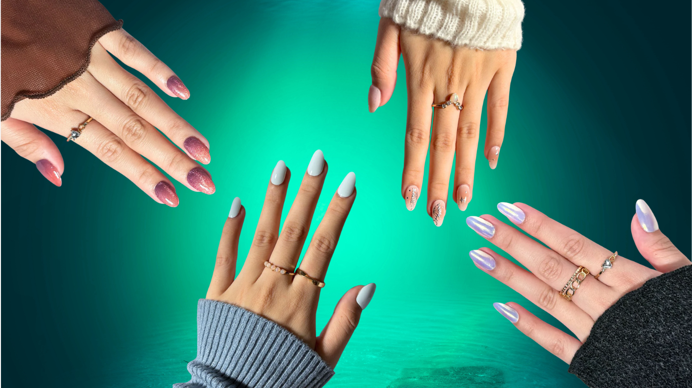 Princess Mera cosplay mermaid nail art using EyeCandys gel nail stickers in Pink Soda Pop, Sunset Sangria, and Papillon ocean-inspired designs