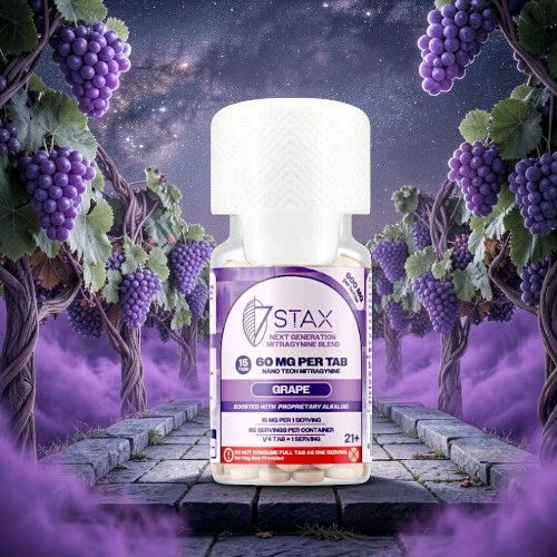 Bottle of grape-flavored product surrounded by grapevines and purple mist.