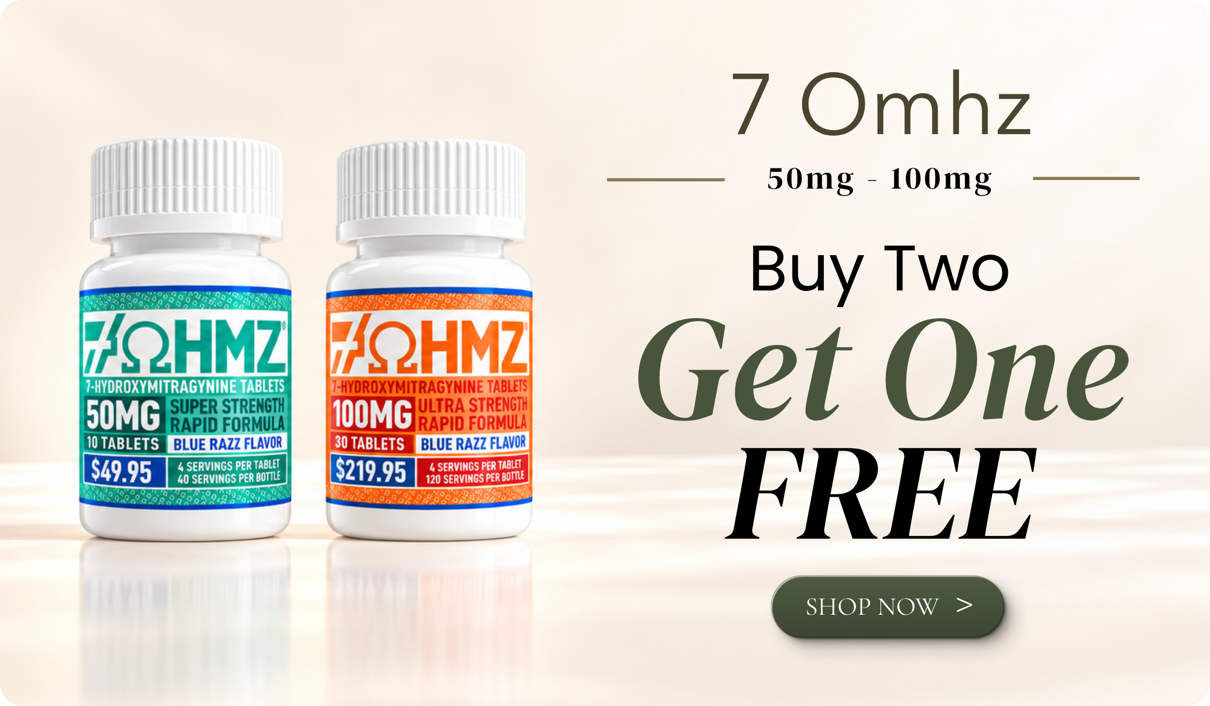Bottles of 7 Omhz supplements with promotional text for buy two, get one free.