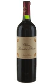 A bottle of red wine with a labeled sleeve.