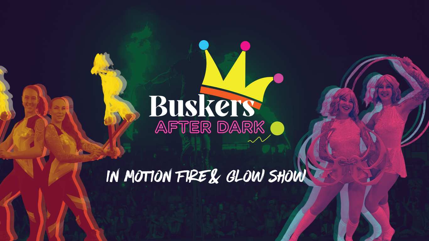 Colorful promotional graphic for Buskers After Dark event featuring performers.