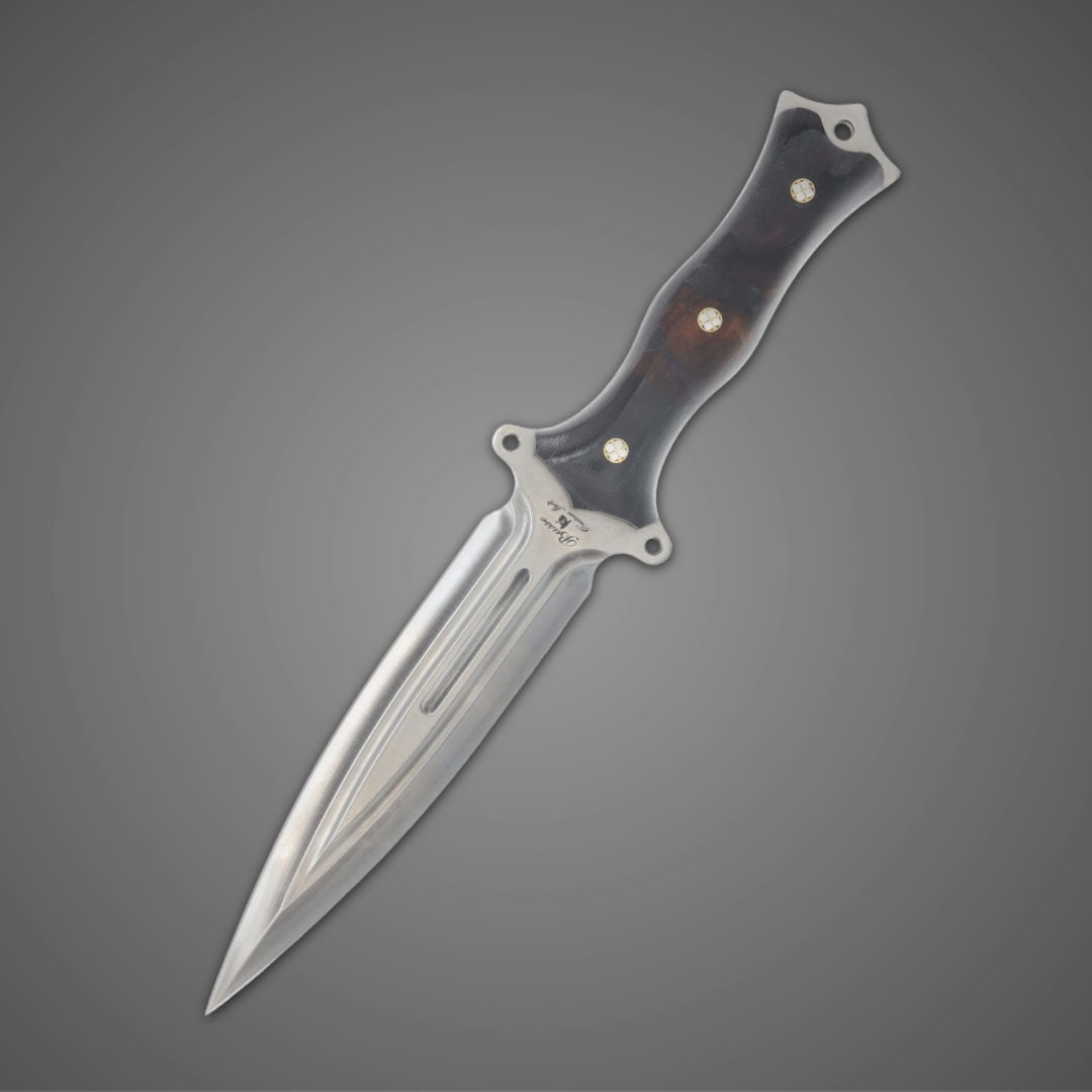 A sleek, modern knife with a sharp blade and a textured handle.