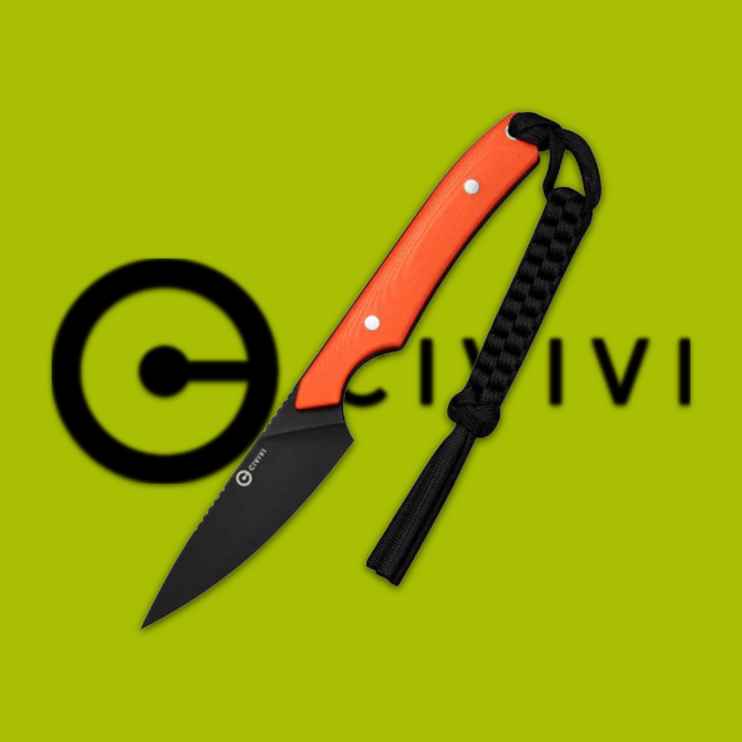 Orange knife with black blade and paracord, logo in background.